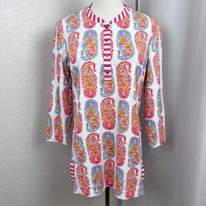 J Mclaughlin Top Womens Medium Paisley Catalina Cloth Henley Tunic Nautical Prep